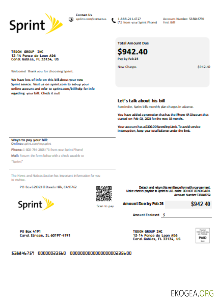 Facture commerciale de services publics Sprint (T Mobile), SCR